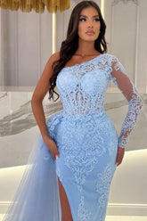 Designer Long Column Sky Blue One Shoulder Floor-Length Split Front Tulle Lace Prom Dresses with Long Sleeves
